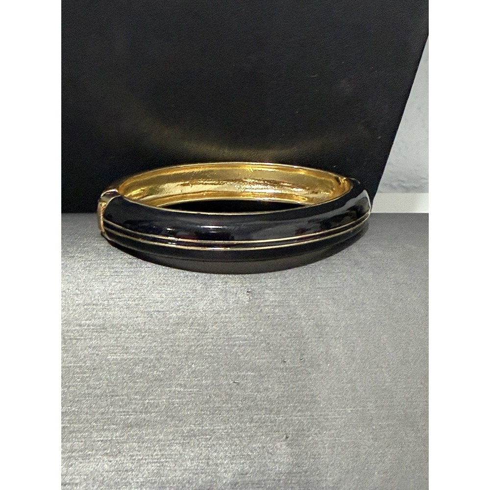 Black Enamel High Polish Gold Tone Oval Clamper Bracelet Classic Statement